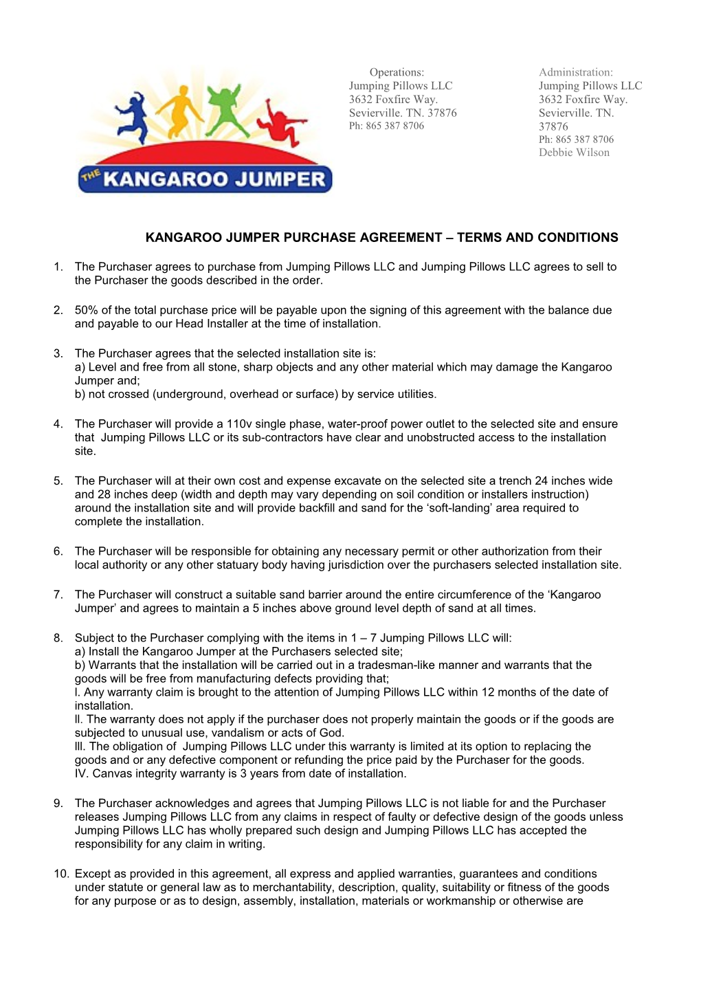 Kangaroo Jumper Purchase Agreement Terms and Conditions