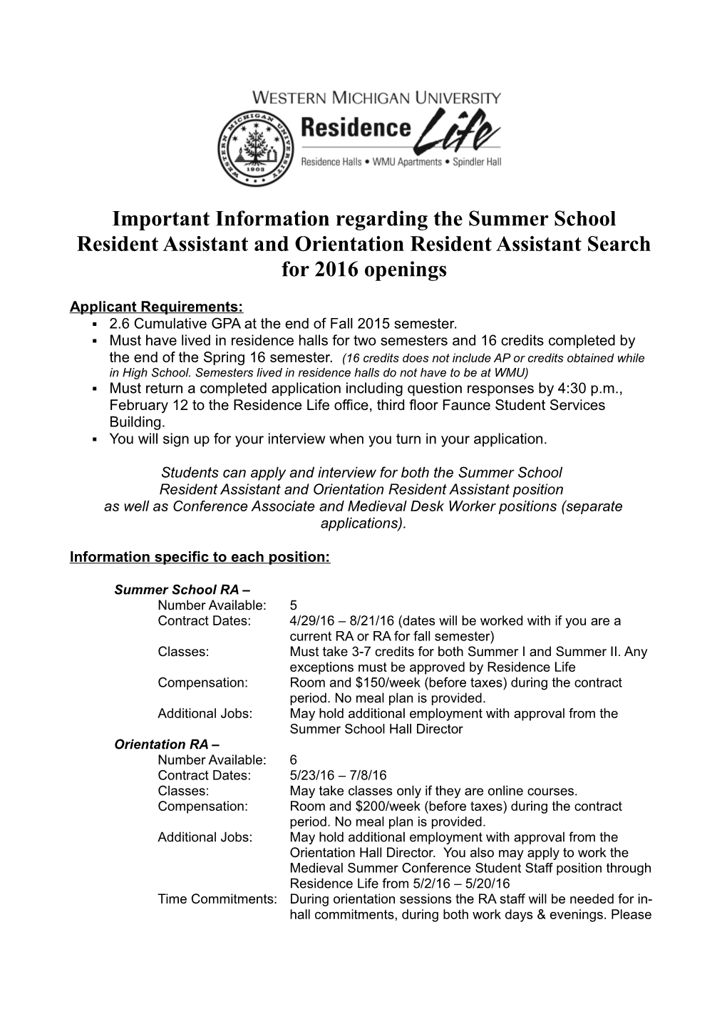 Important Information Regarding the Summer School Resident Assistant and Orientation Resident