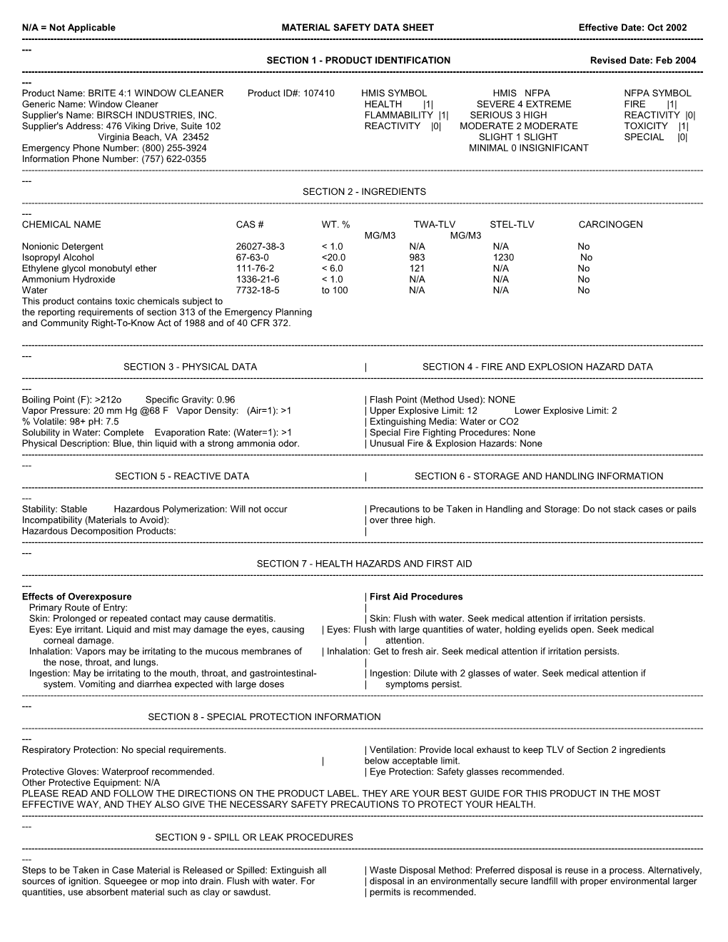 N/A = Not Applicable MATERIAL SAFETY DATA SHEET Effective Date: Oct 2002 s1