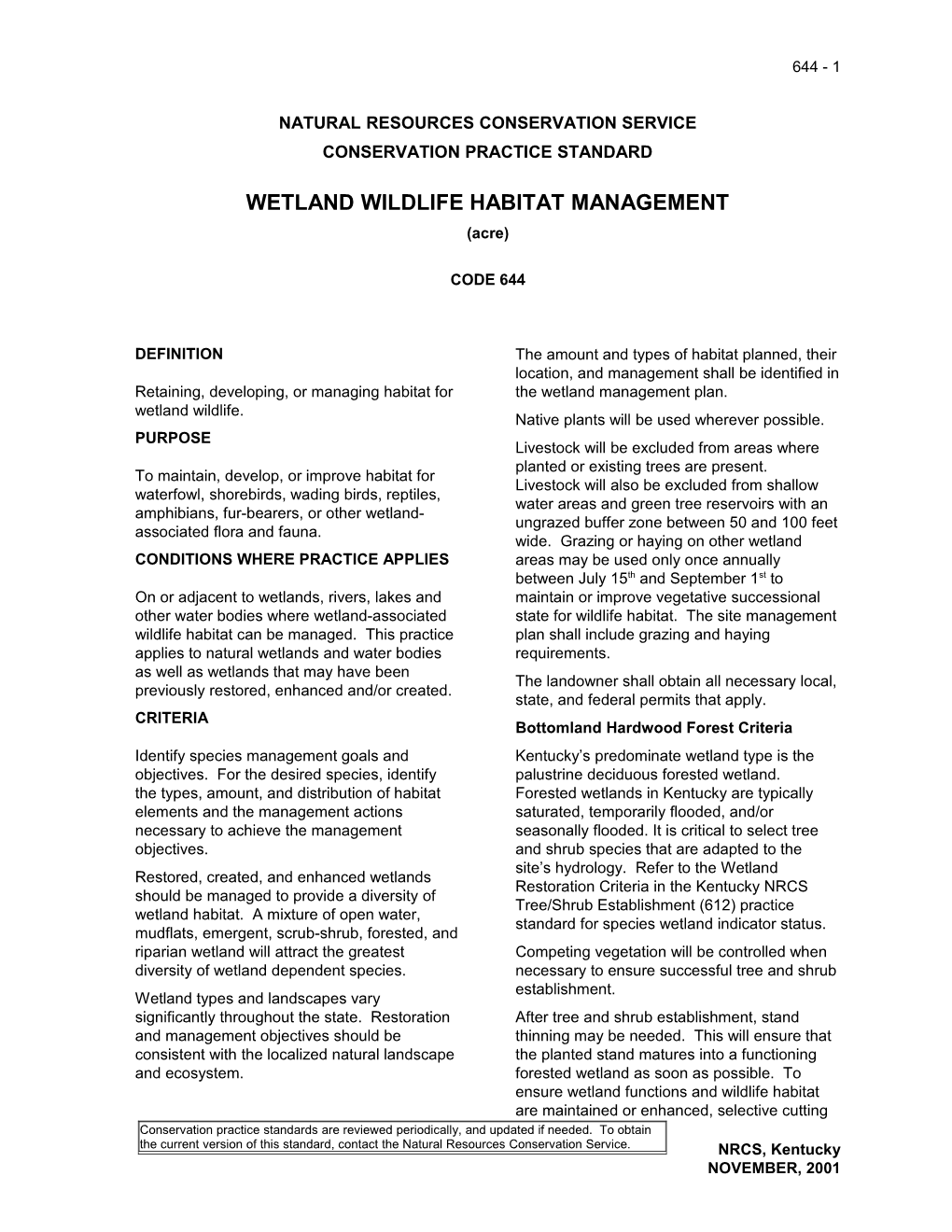 Wetland Wildlife Habitat Management 644