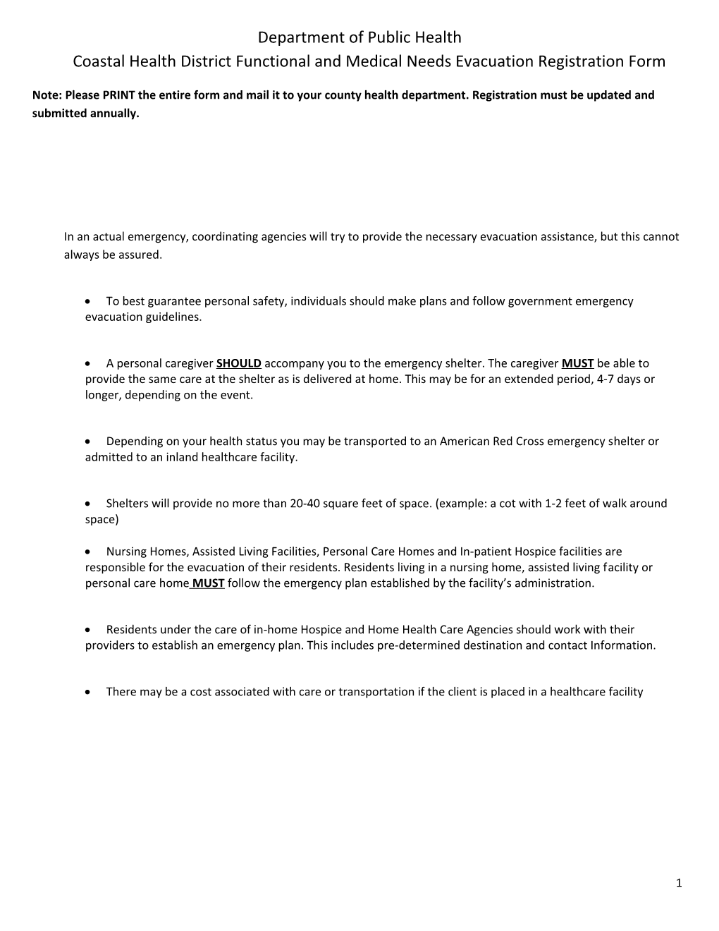 Coastal Health District Functional and Medical Needs Evacuation Registration Form