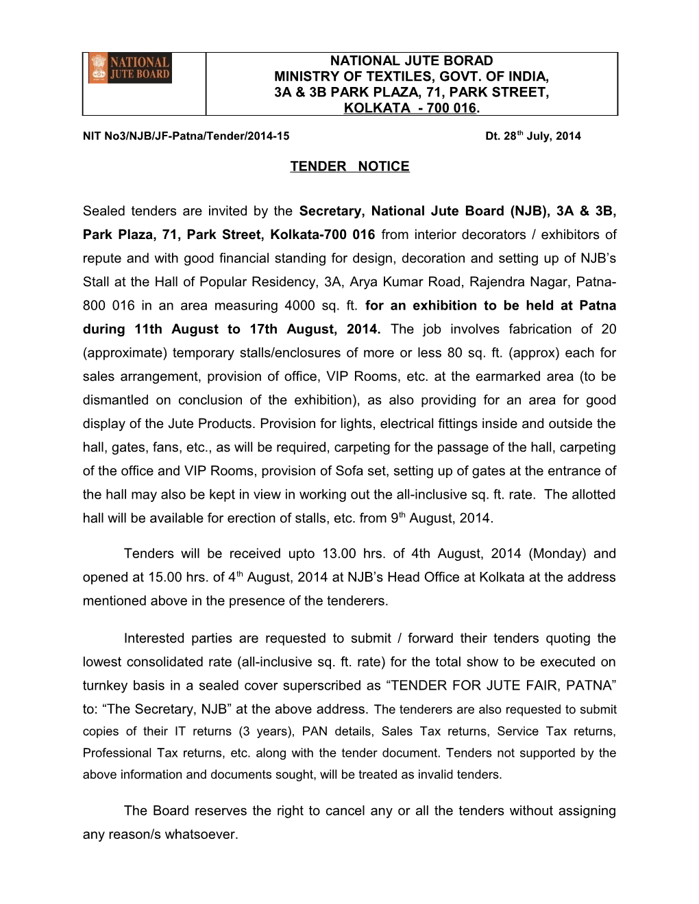 NIT No3/NJB/JF-Patna/Tender/2014-15 Dt. 28Th July, 2014