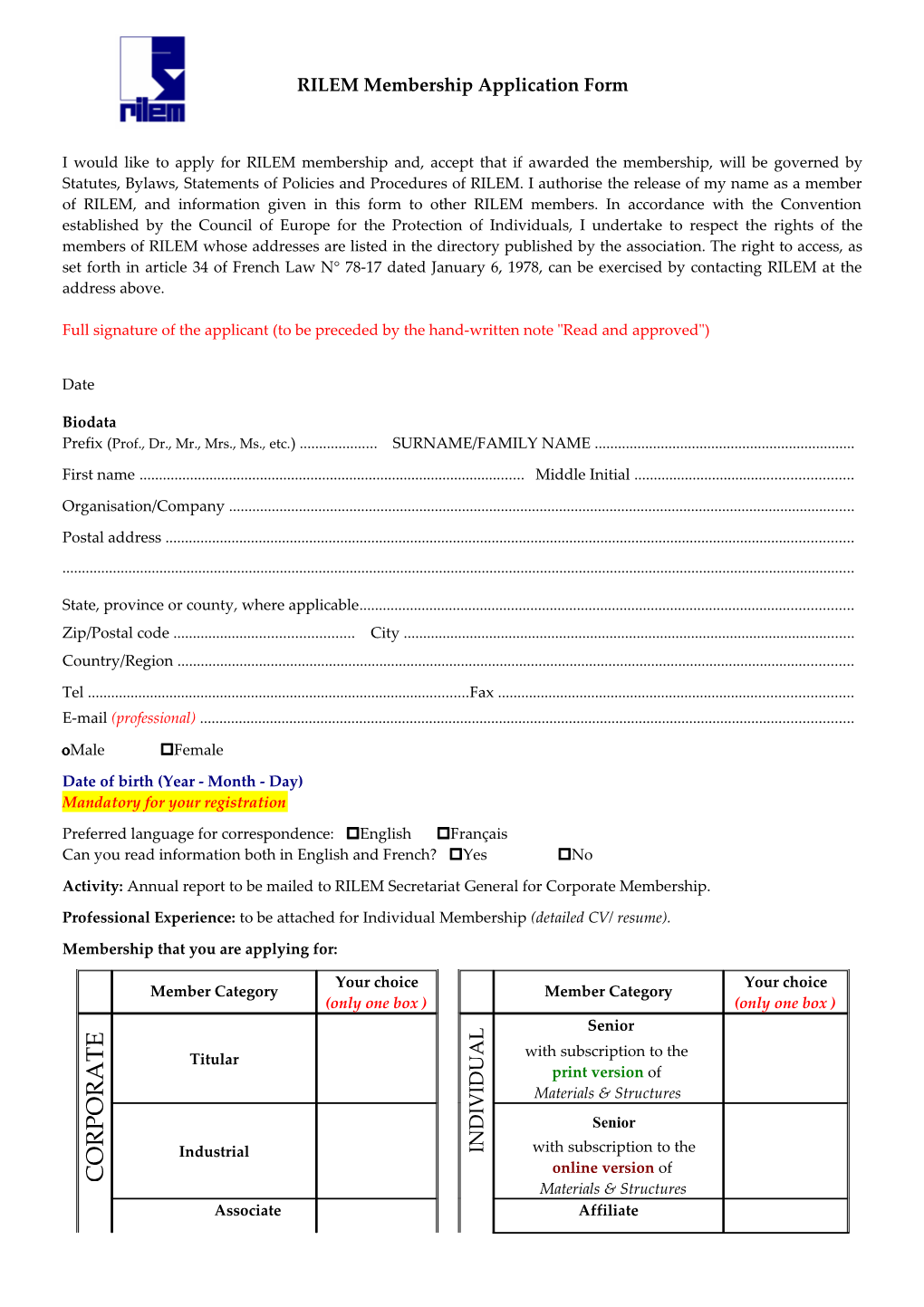 RILEM Membership: Application Form
