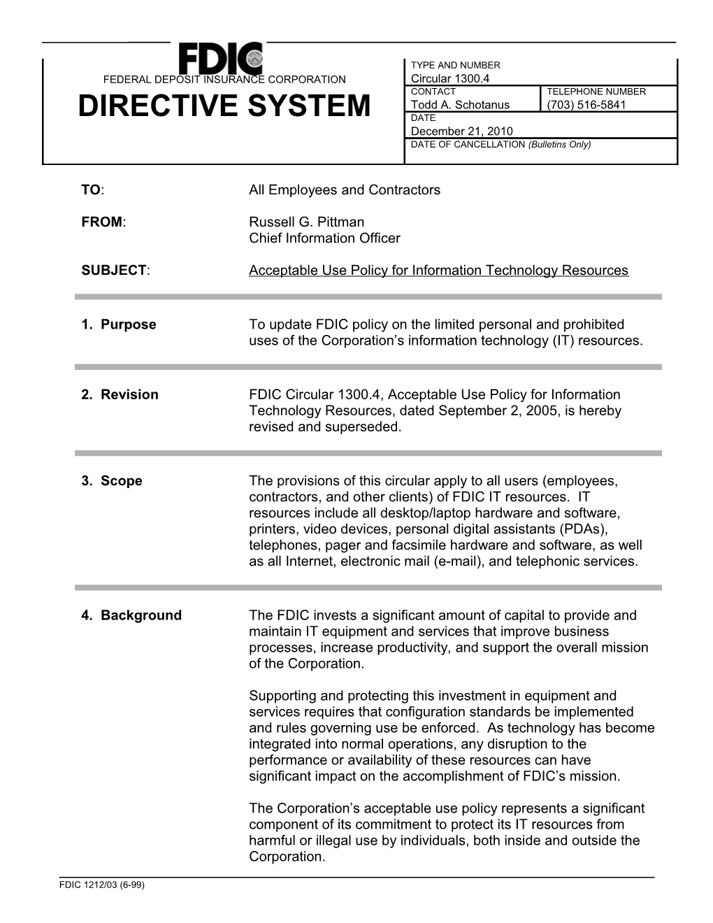 Circular 1300.4, Acceptable Use Policy for Information Technology Resources