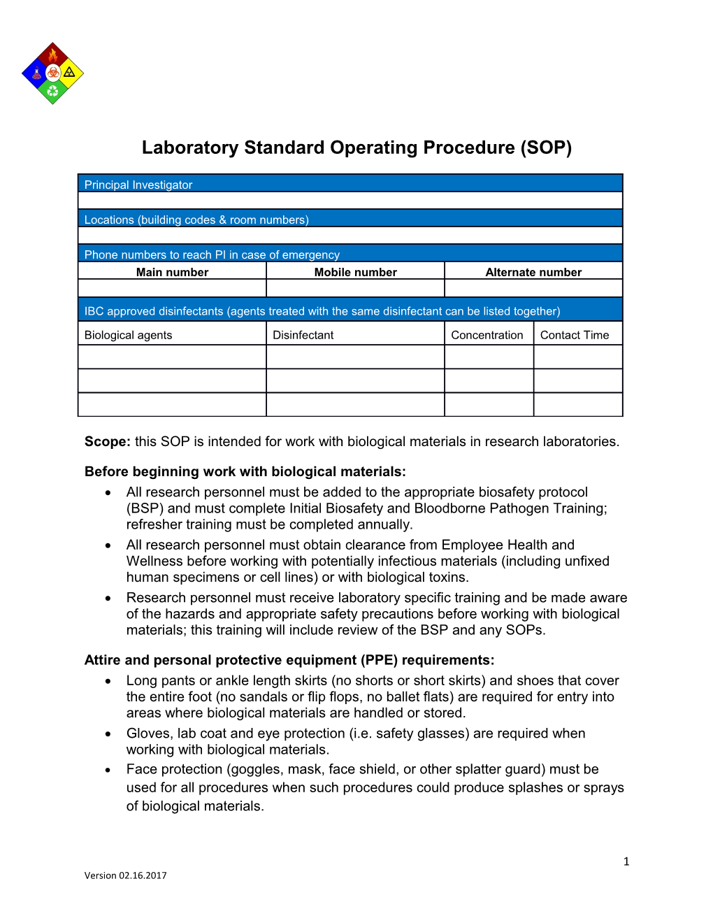 Laboratorystandard Operating Procedure (SOP)