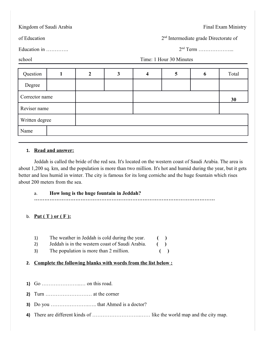 Kingdom of Saudi Arabia Final Exam Ministry of Education 2Nd Intermediate Grade Directorate