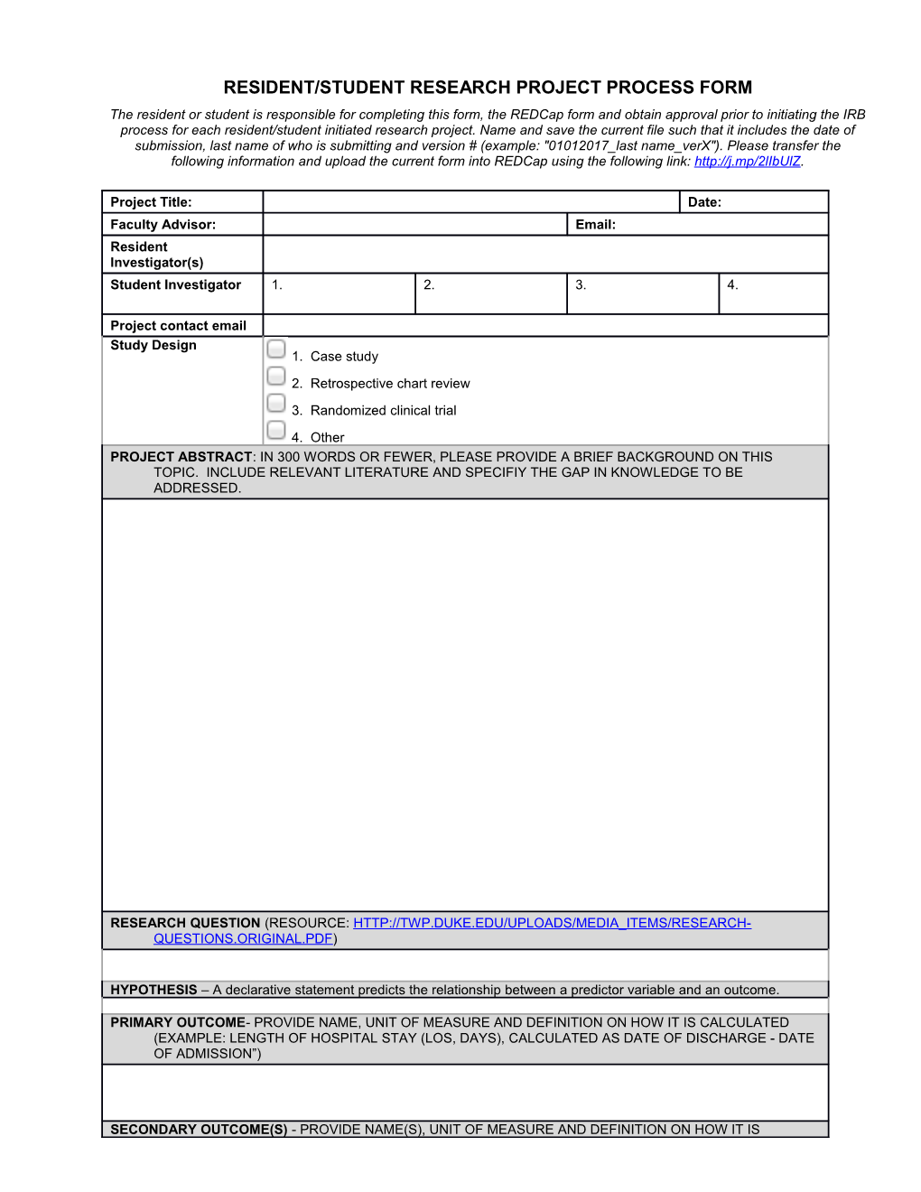 Resident/Student Research Project Process Form