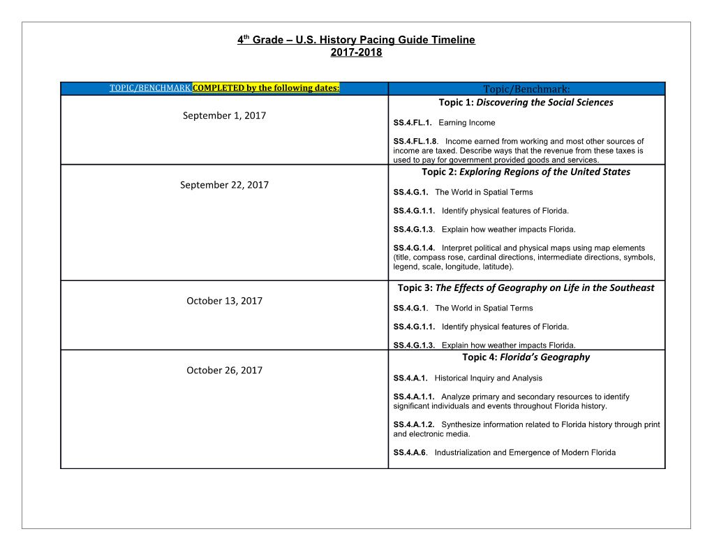 4Th Grade U.S. History Pacing Guide Timeline 2017-2018