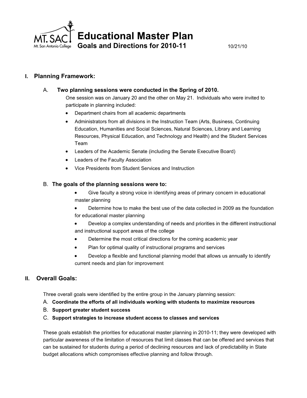 Educational Master Plan Goals and Directions for 2010-11