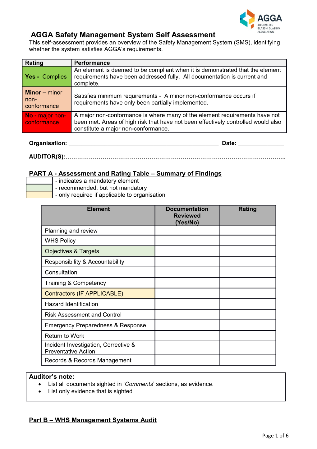 PART a -Assessment and Rating Table Summary of Findings