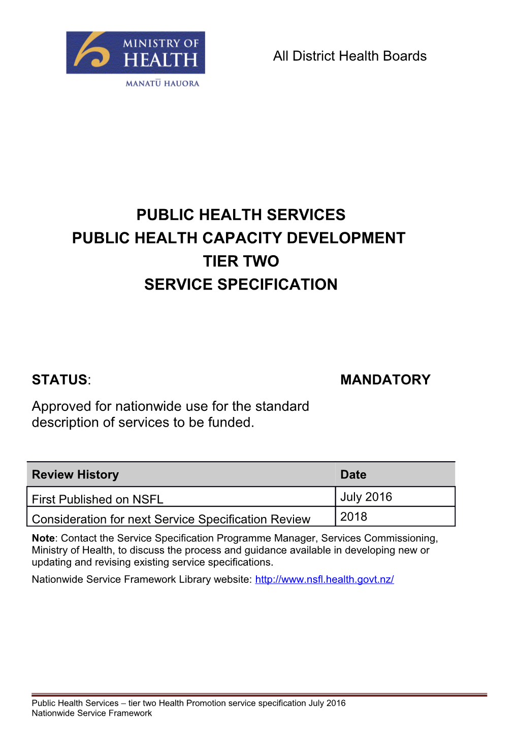 Public Health Services Public Health Capacity Development Tier Two Service Specification