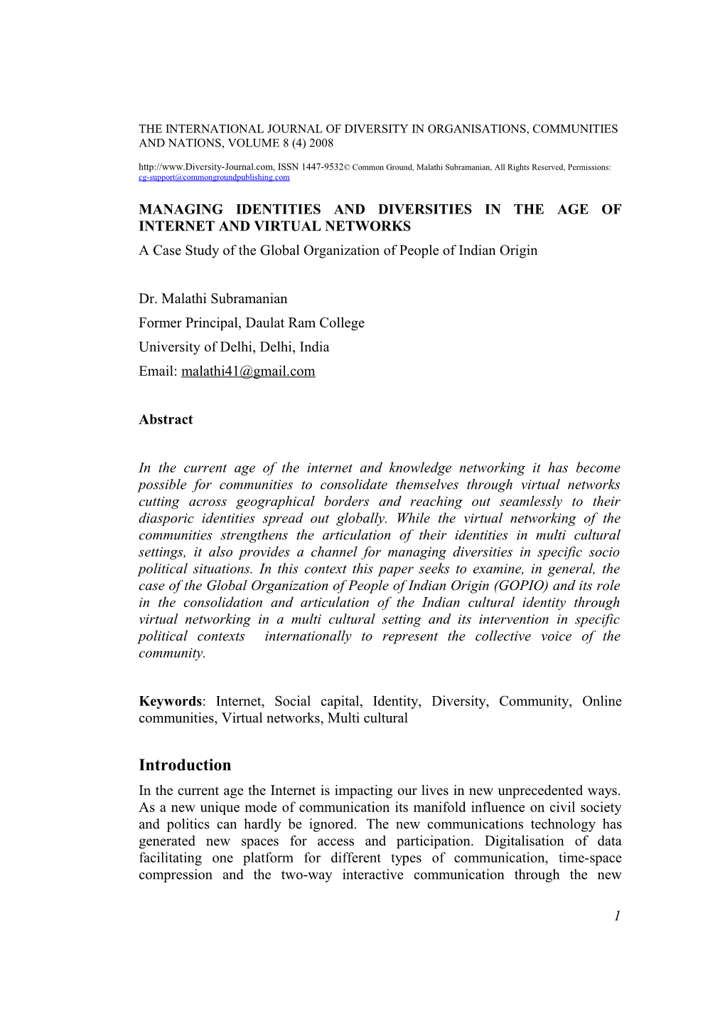 The International Journal of Diversity in Organisations, Communities and Nations, Volume