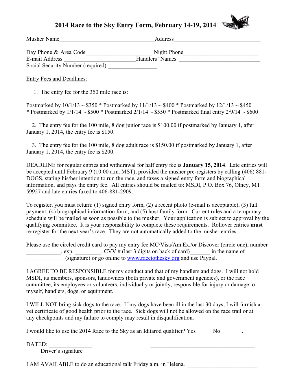 2006 Race to the Sky Entry Form