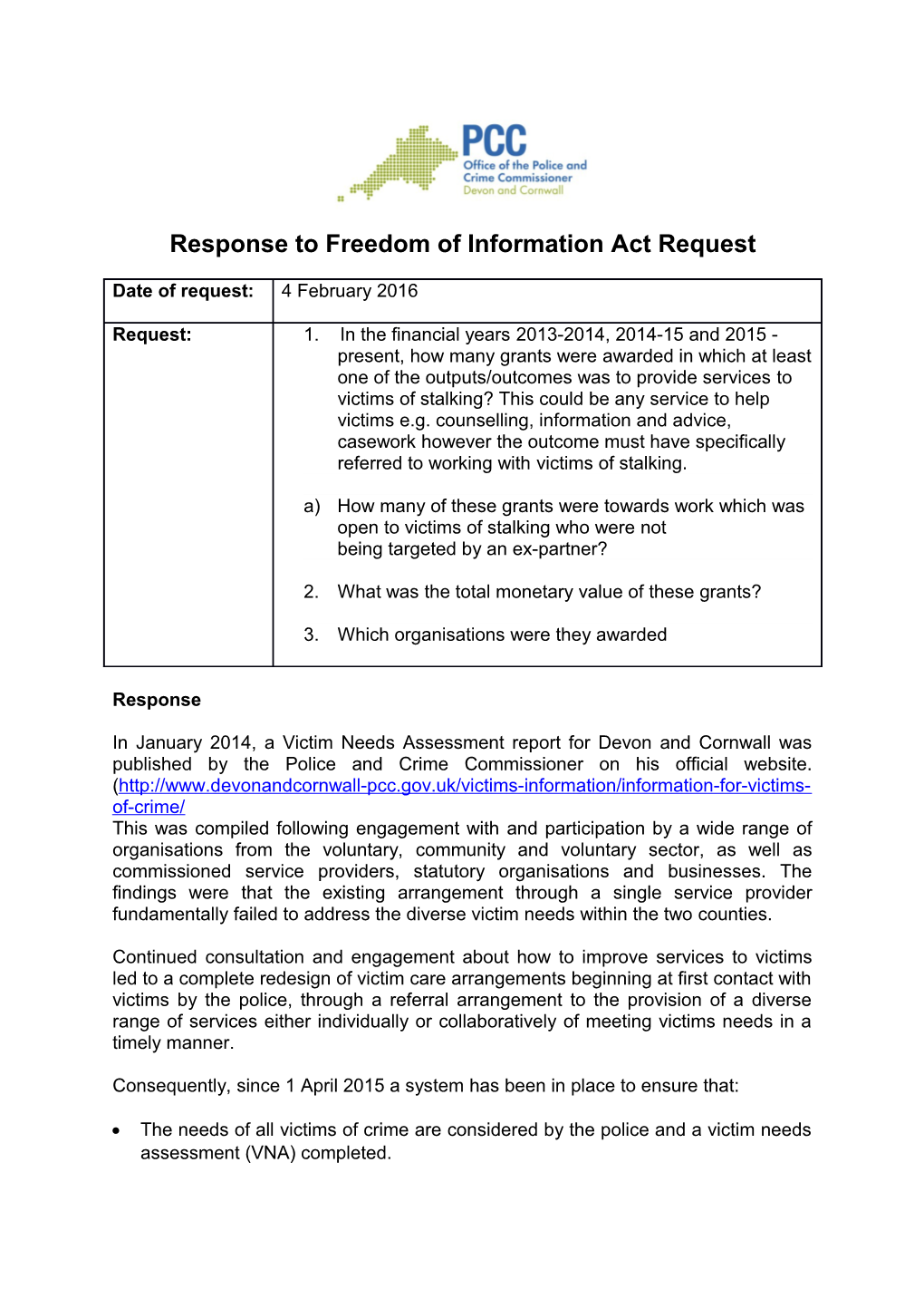 Response to Freedom of Information Act Request