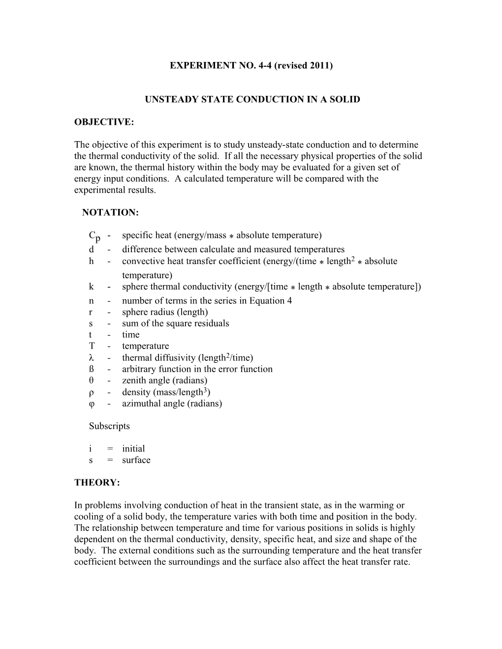 Unsteady State Conduction in a Solid