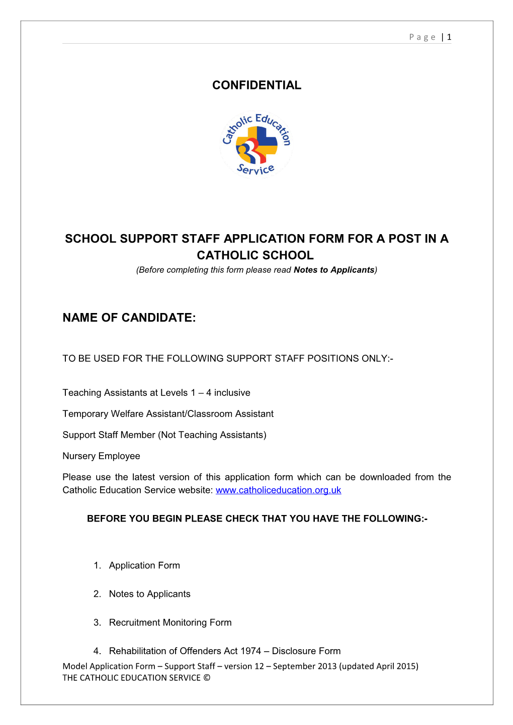 School Support Staff Application Form for a Post in a Catholic School