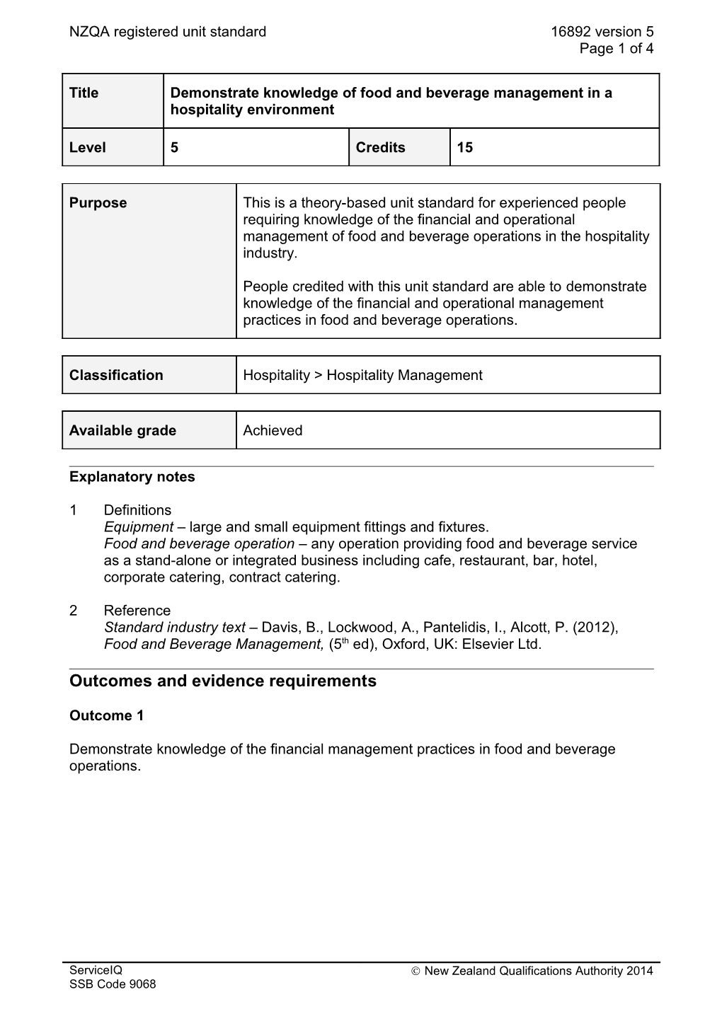 16892 Demonstrate Knowledge of Food and Beverage Management in a Hospitality Environment