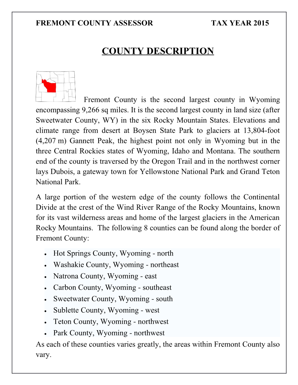 Fremont County Assessor Tax Year 2015
