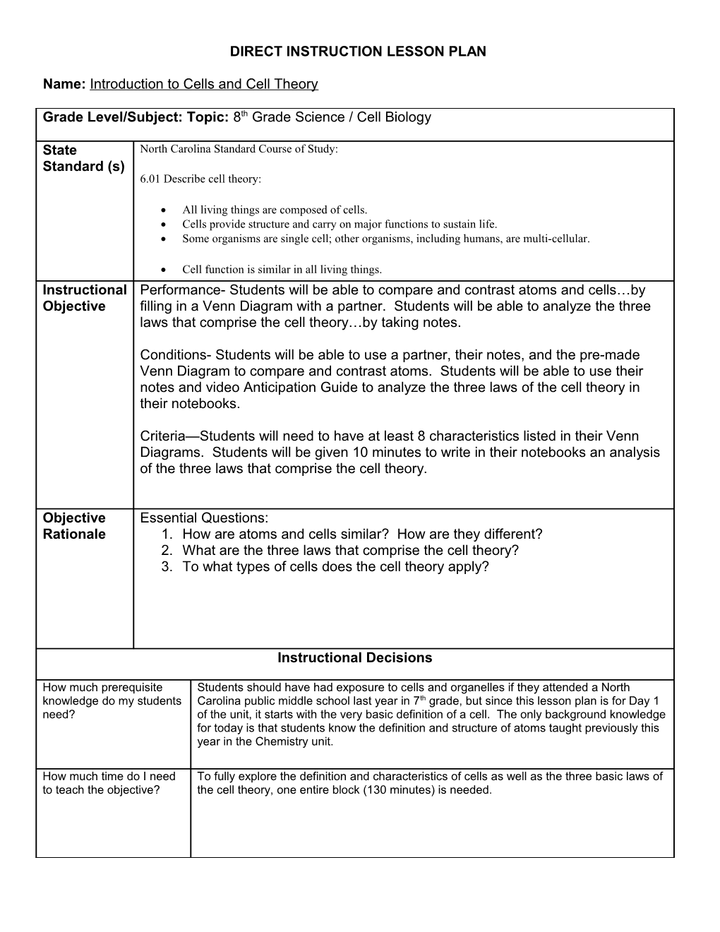 Direct Instruction Lesson Plan