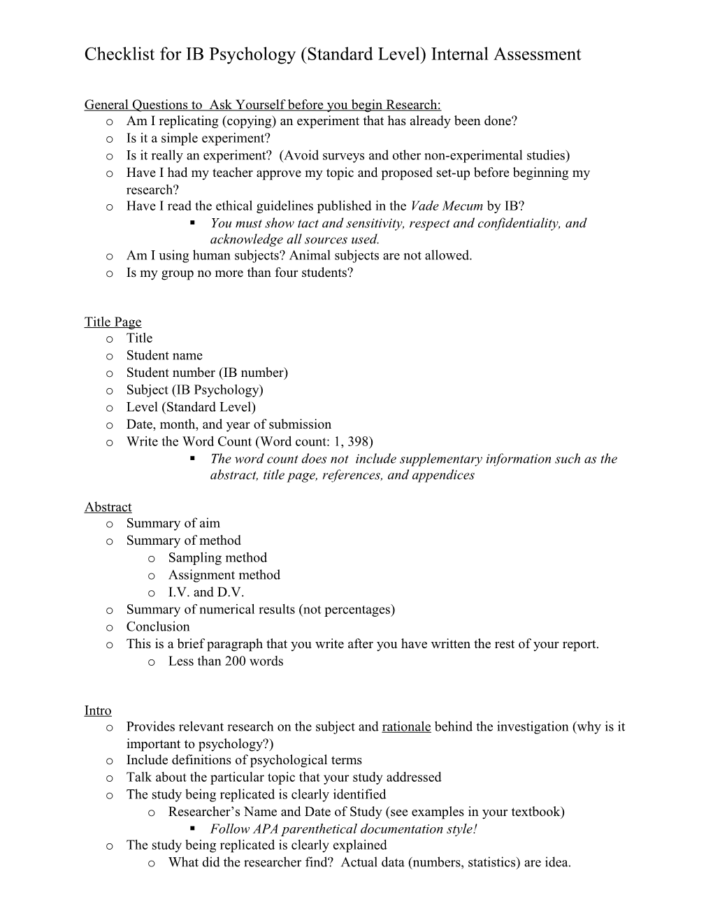 Checklist for IB Psychology (Standard Level) Internal Assessment