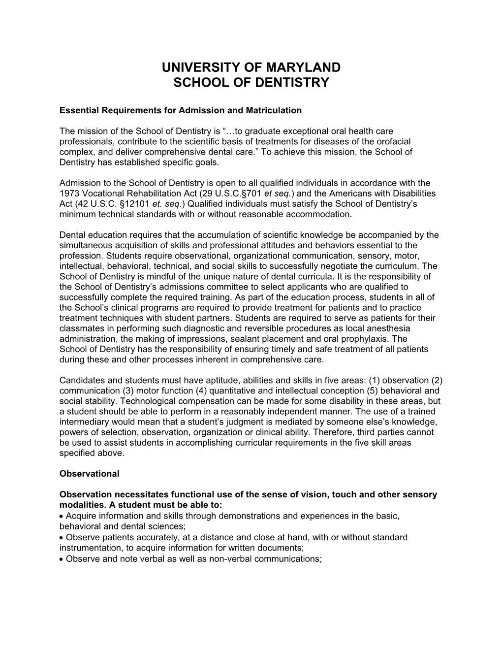 Essential Requirements for Admission and Matriculation