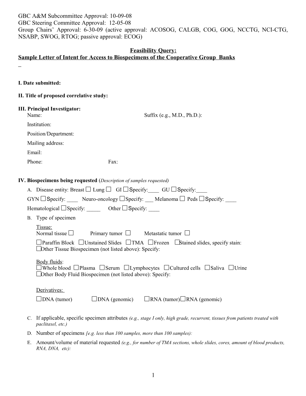 Sample Letter of Intent for Access to Biospecimens of the Cooperative Group Bank