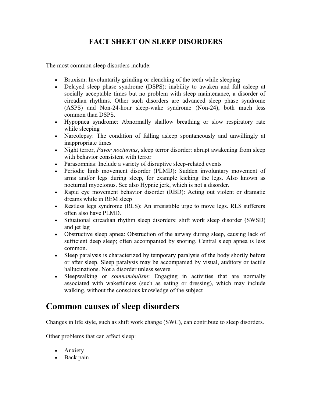 Fact Sheet on Sleep Disorders