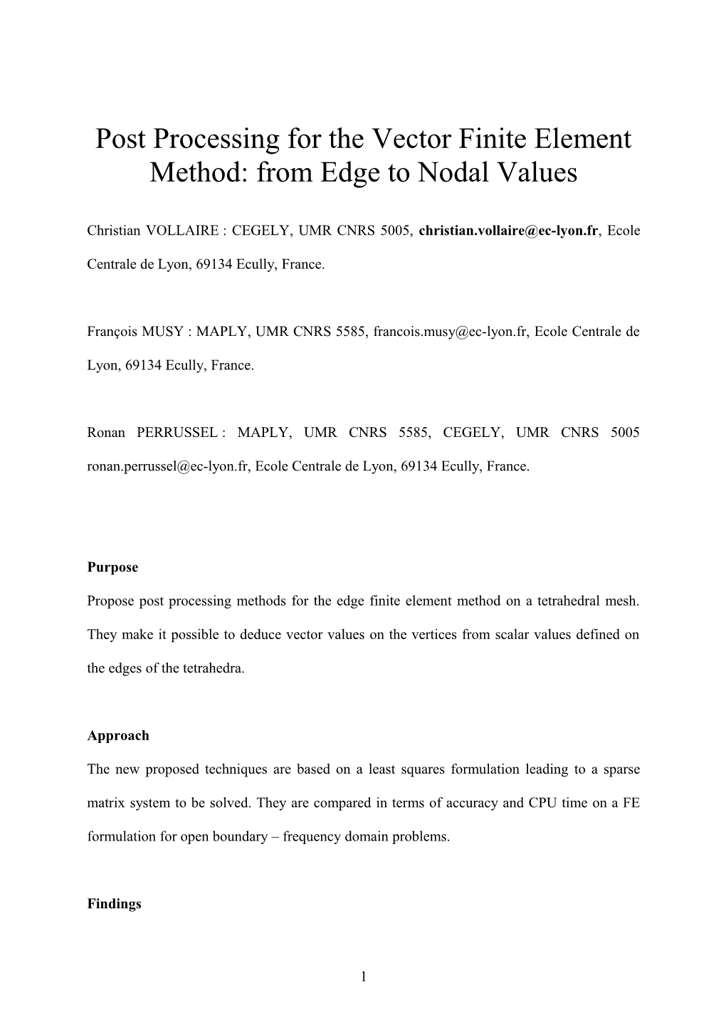 Post-Processing for the Vector Finite Element Method: from Edge to Nodal Values