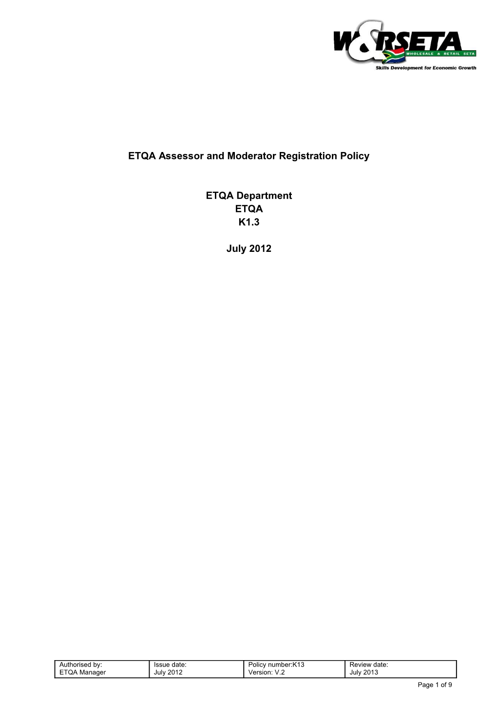 ETQA Assessor and Moderator Registrationpolicy