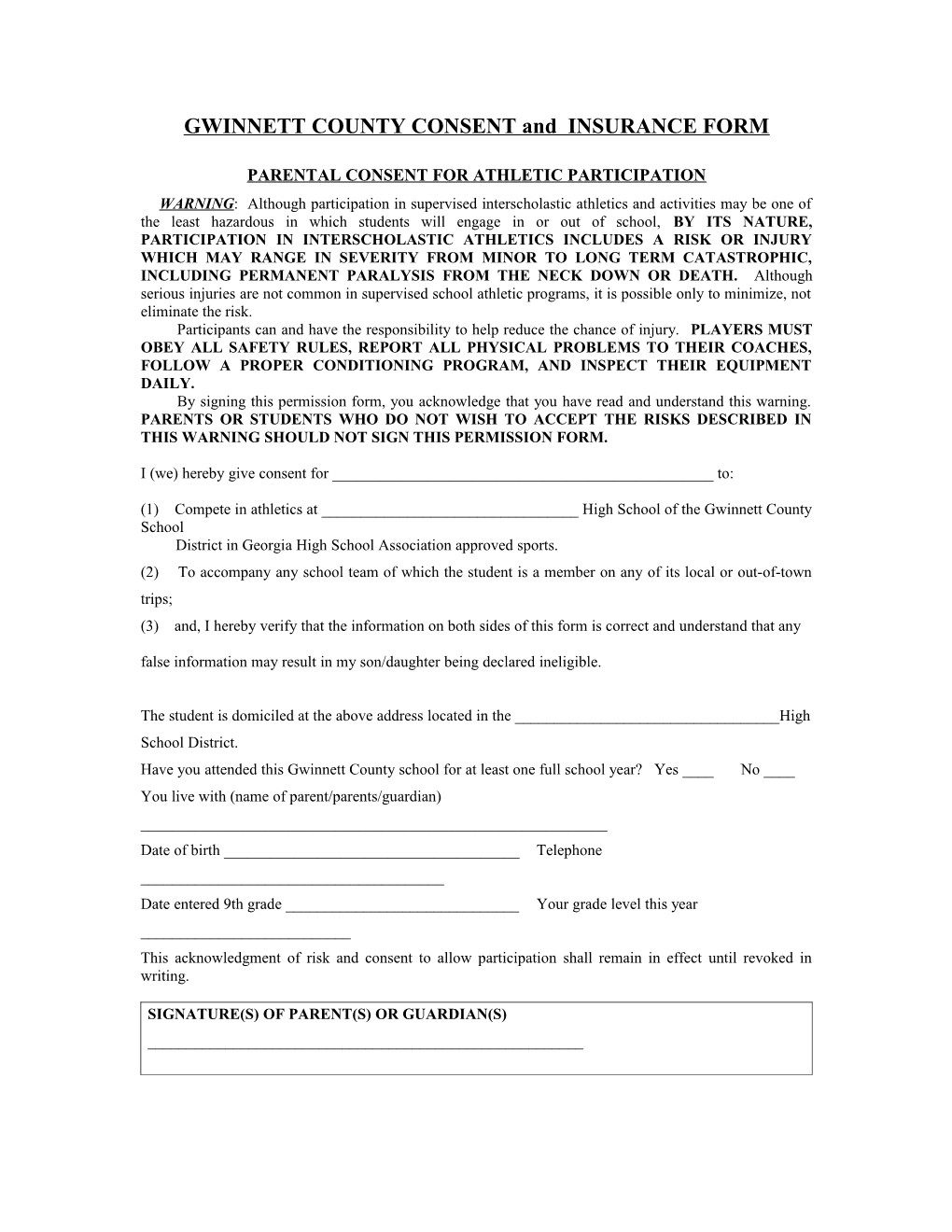 GWINNETT COUNTY CONSENT and INSURANCE FORM