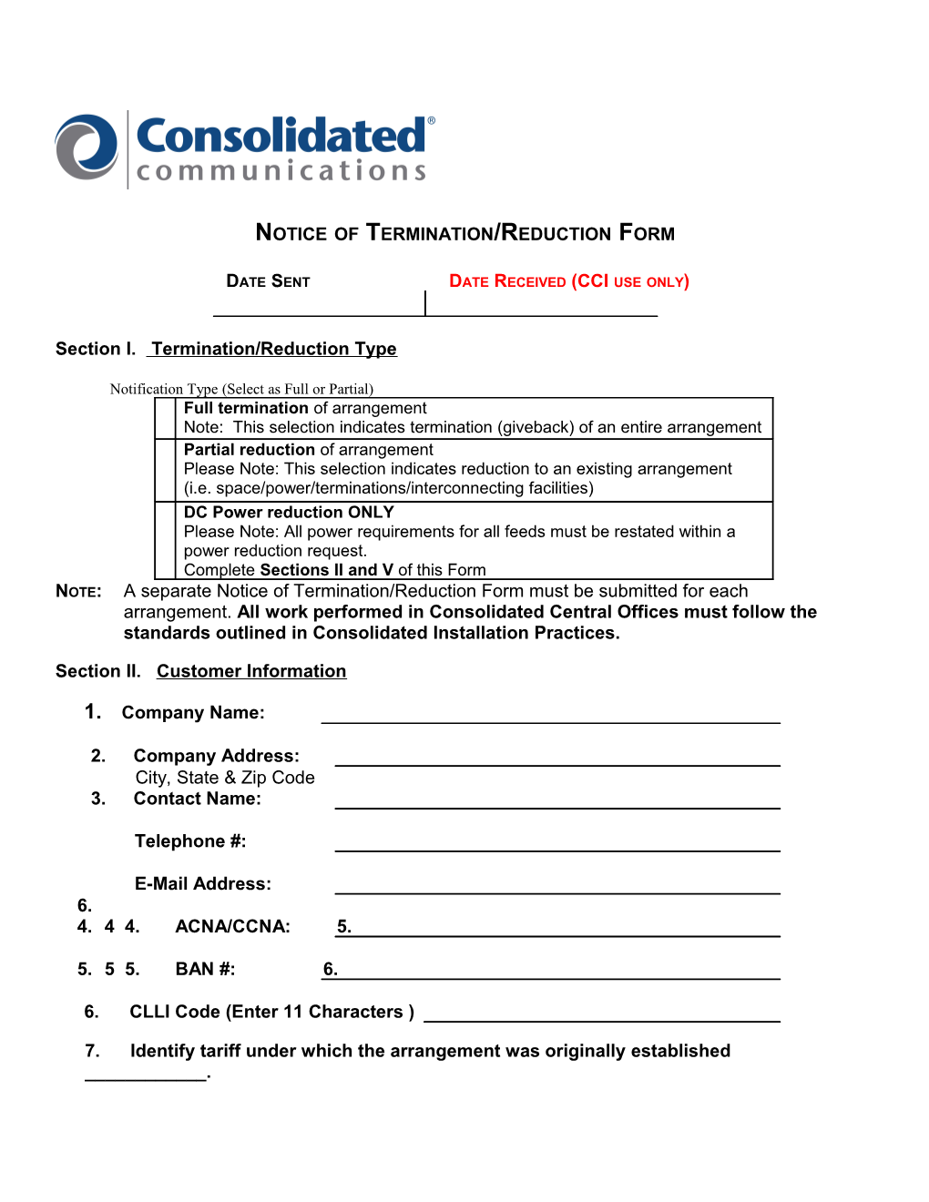 Notice of Termination/Reduction Form