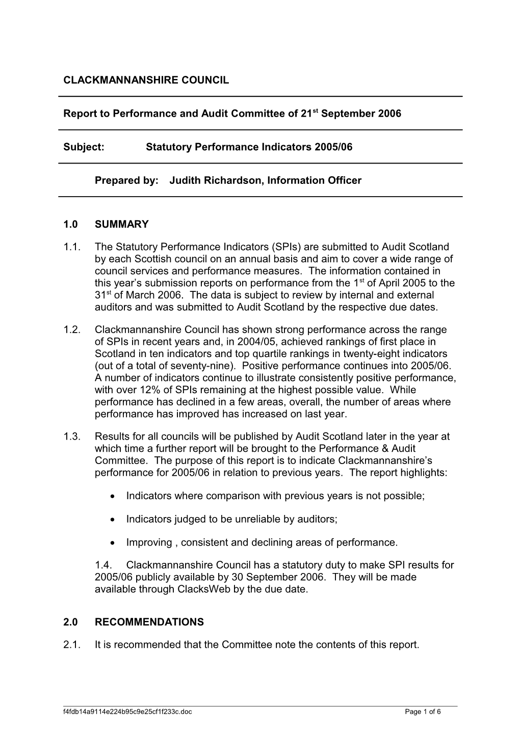 Statutory Performance Indicators Report