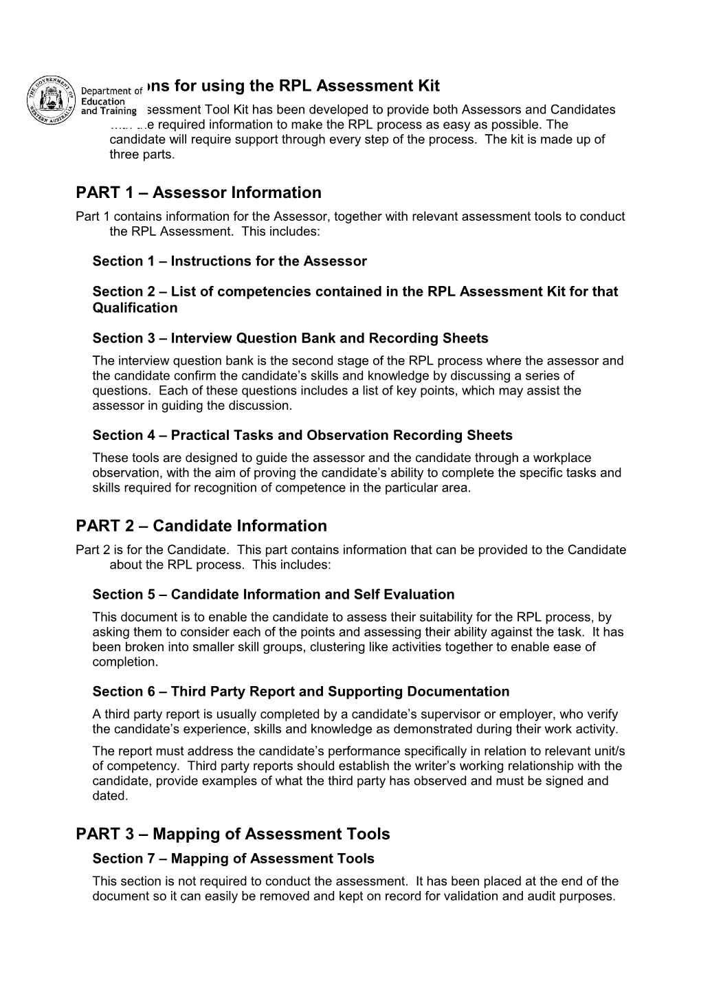 Instructions for Using the RPL Assessment Kit