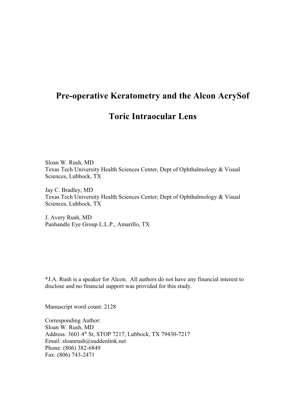 Pre Operative Keratometry And The Alcon Acrysof Toric Intraocular Lens