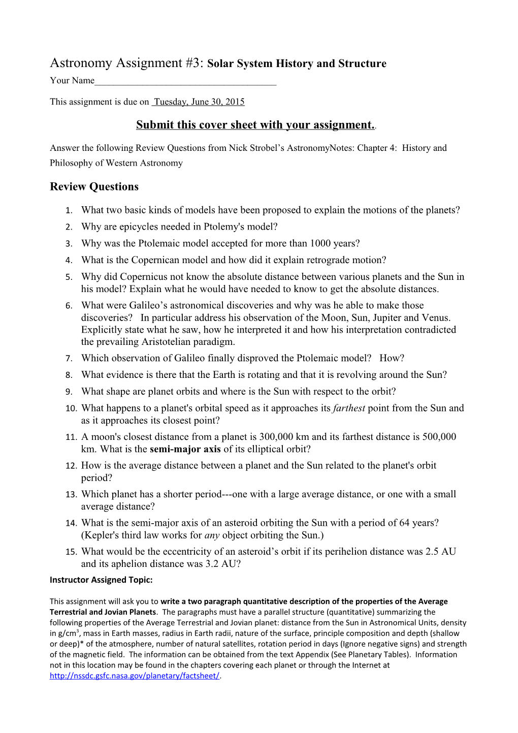 Astronomy Assignment #3: Solar System History and Structure