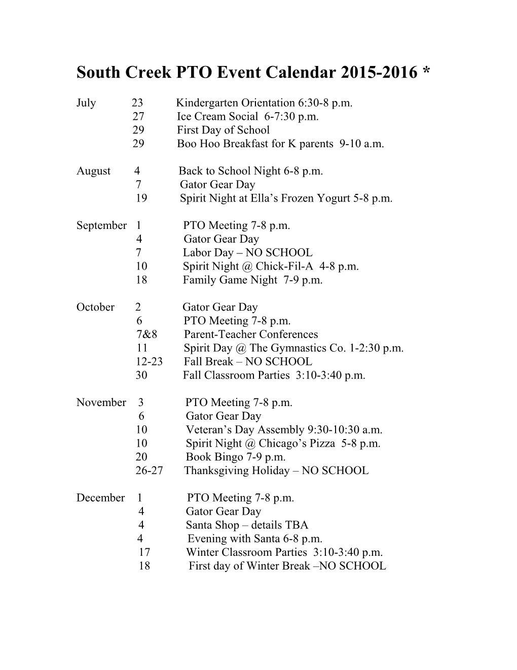 South Creek PTO Event Calendar 2014-2015