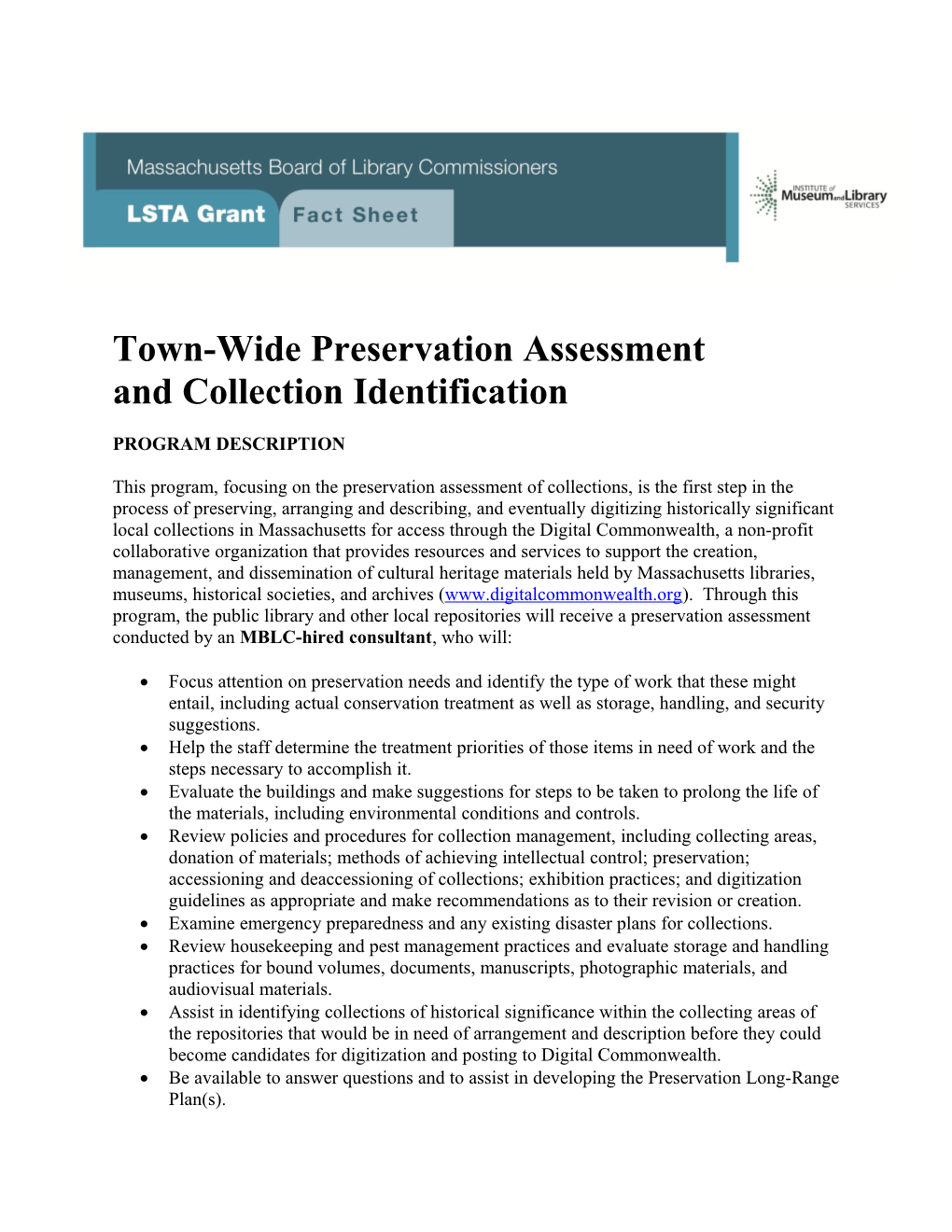 Town-Wide Preservation Assessment and Collection Identification - FY19 LSTA Grant Round