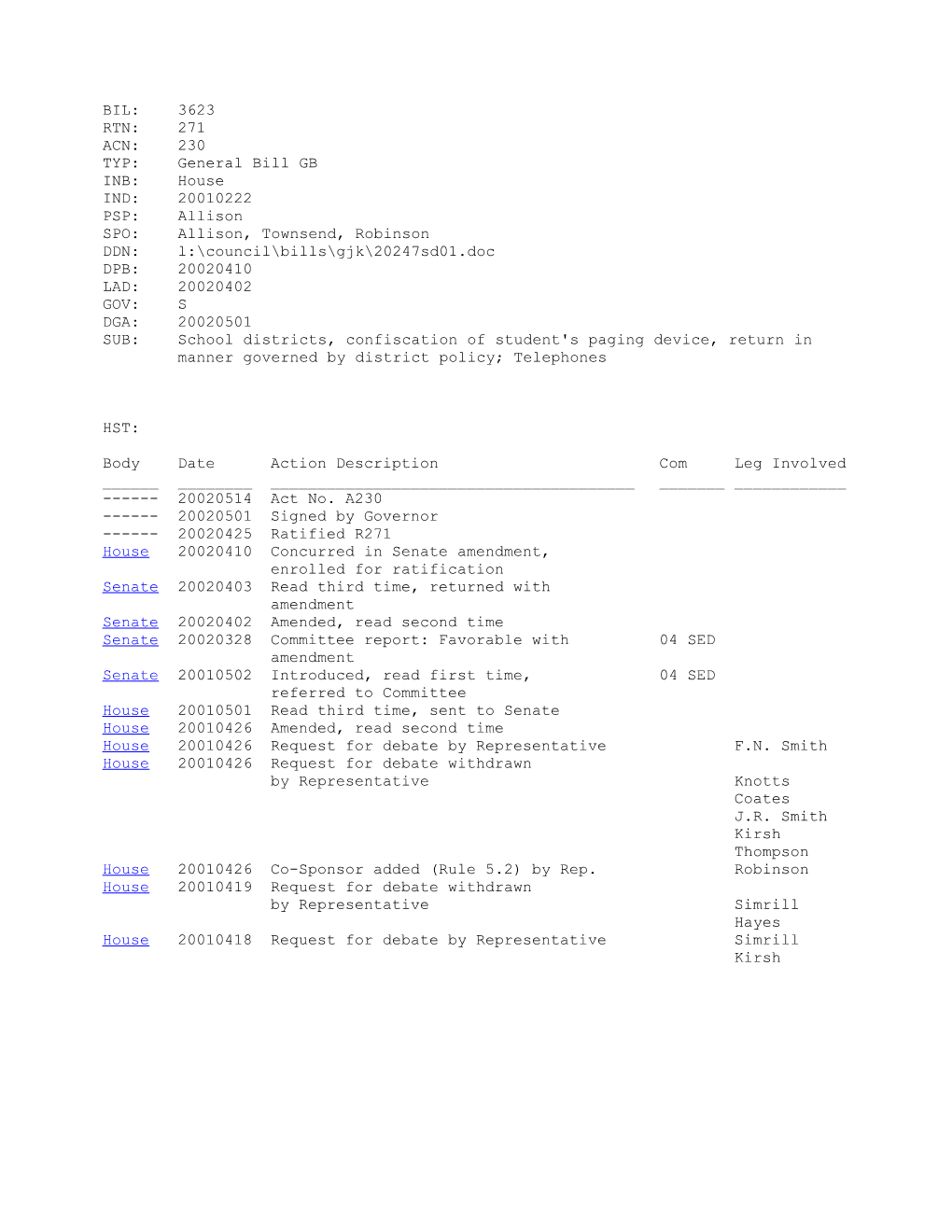 2001-2002 Bill 3623: School Districts, Confiscation of Student's Paging Device, Return