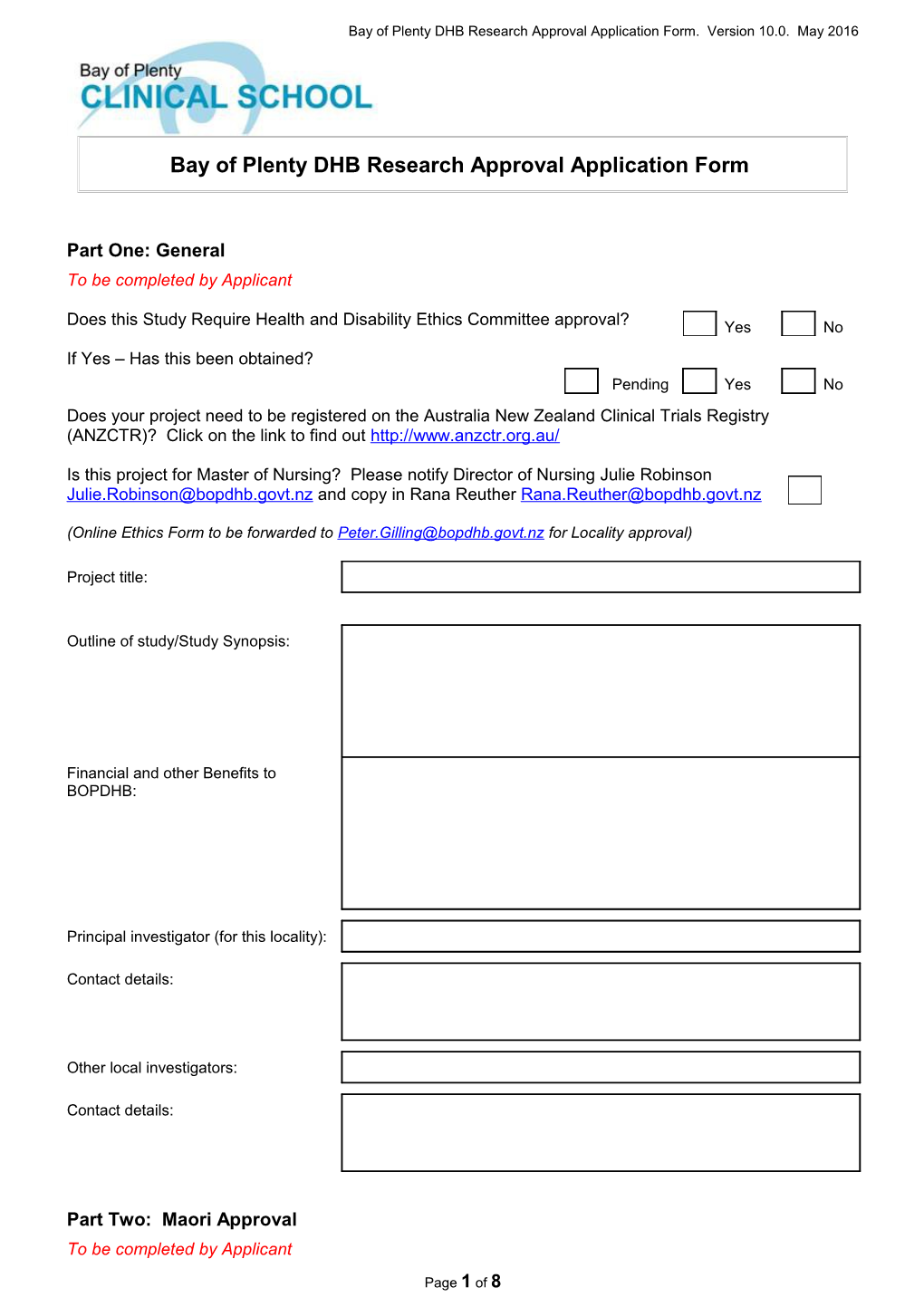 Bay of Plenty DHB Research Approval Application Form