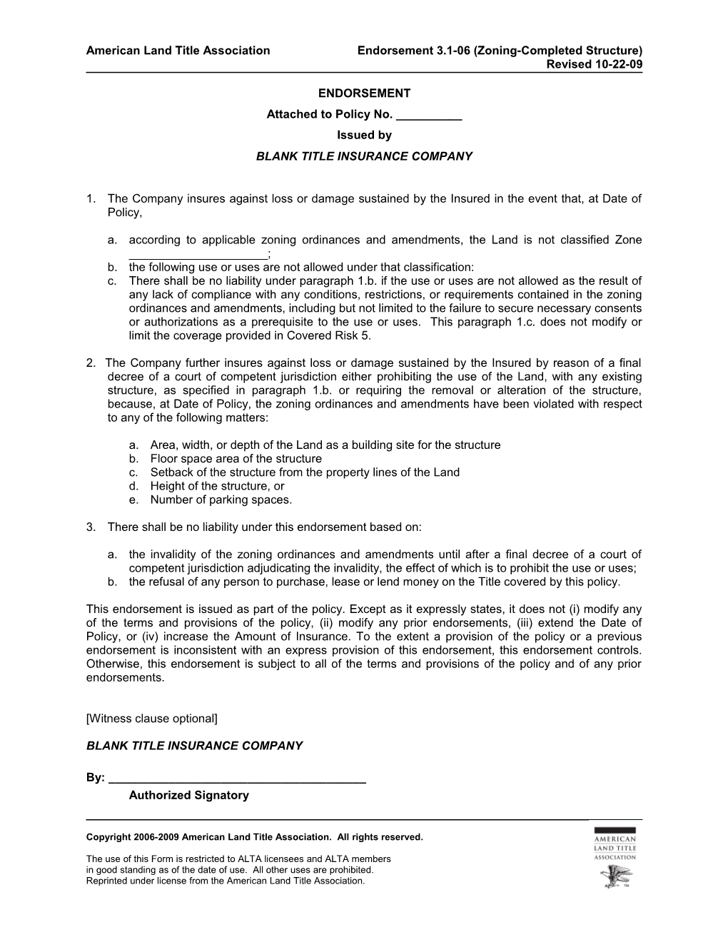 American Land Title Associationendorsement 3.1-06 (Zoning-Completed Structure)