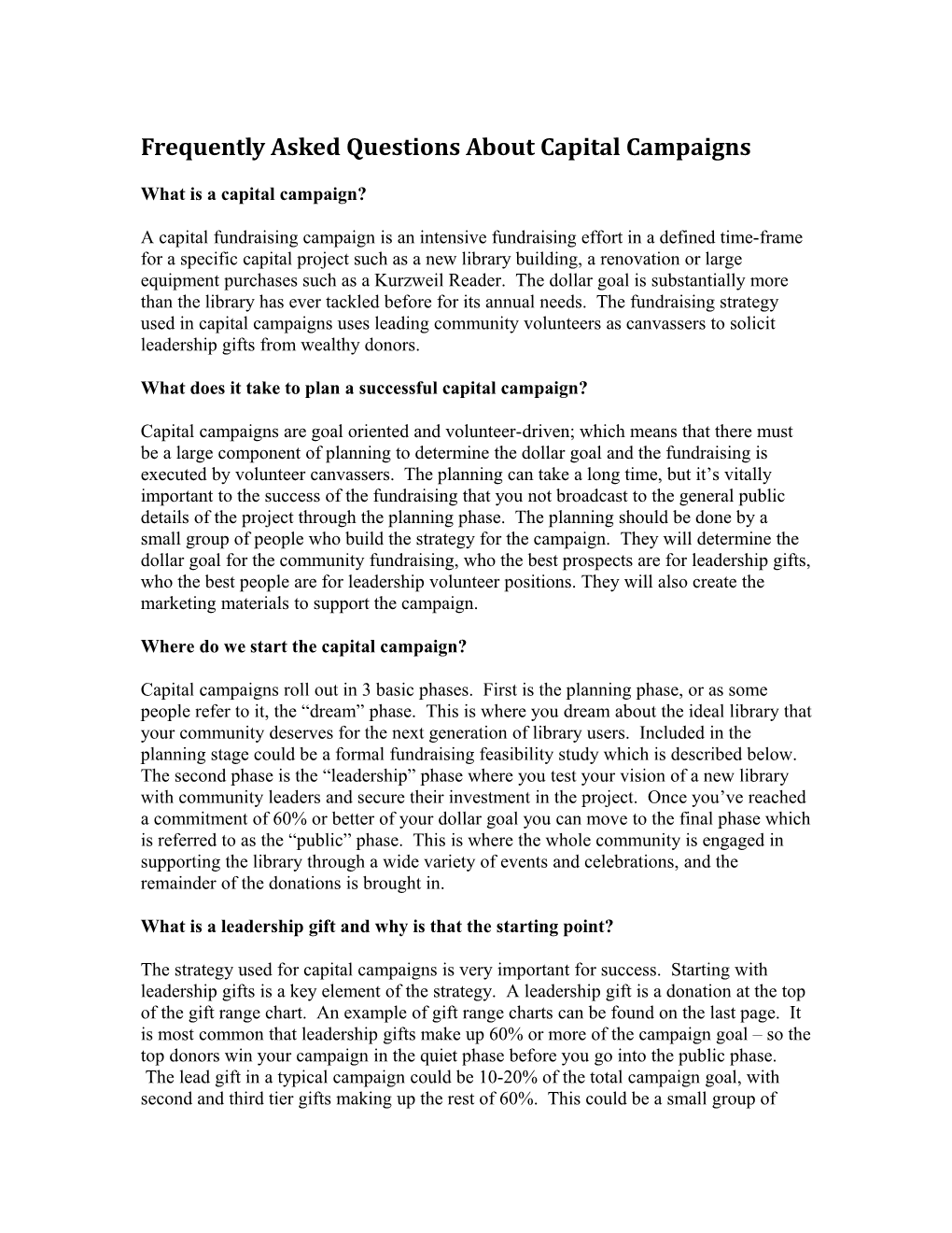 Frequently Asked Questions About Capital Campaigns
