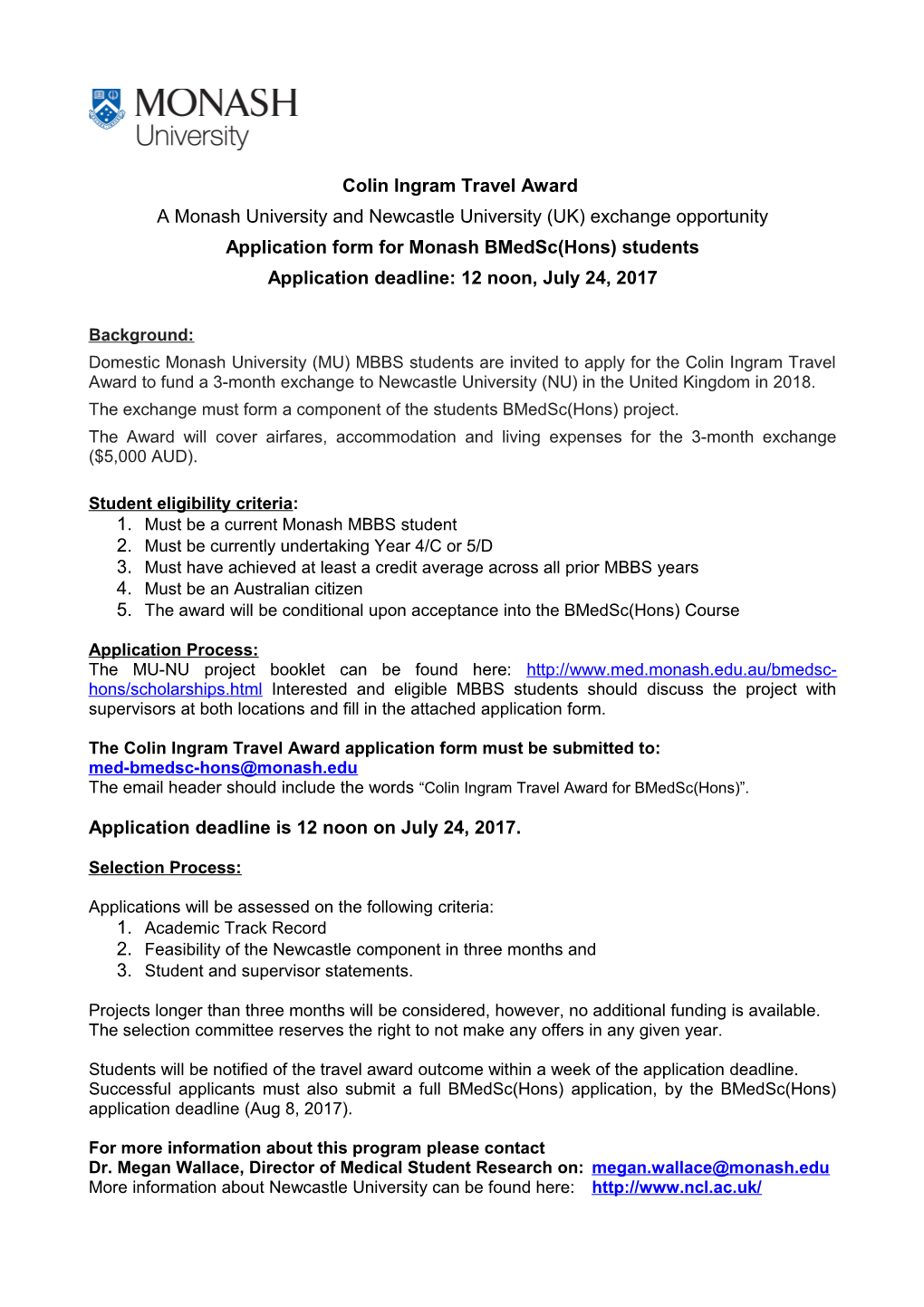 Application Form for Monash Bmedsc(Hons) Students