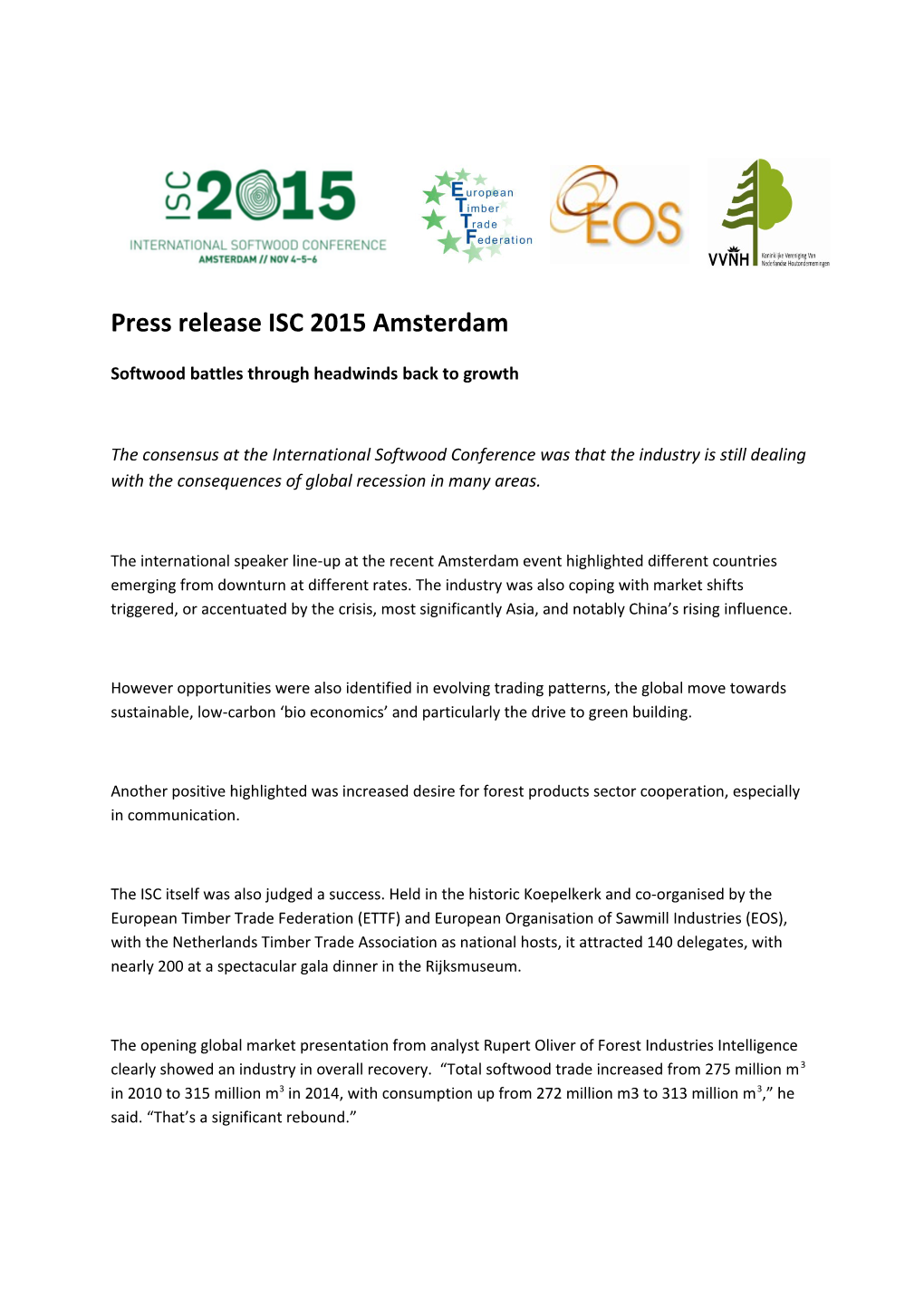 Press Release ISC 2015 Amsterdam