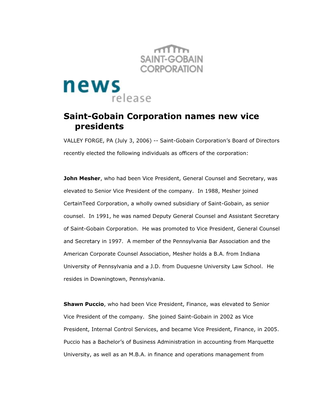 Saint-Gobain Corporation Names New Vice Presidents