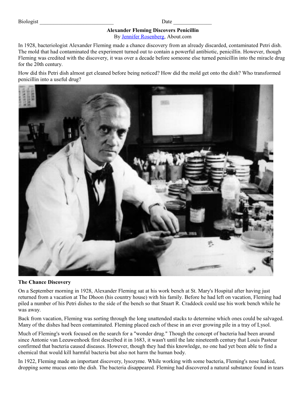 Alexander Fleming Discoverspenicillin by Jennifer Rosenberg, About.Com