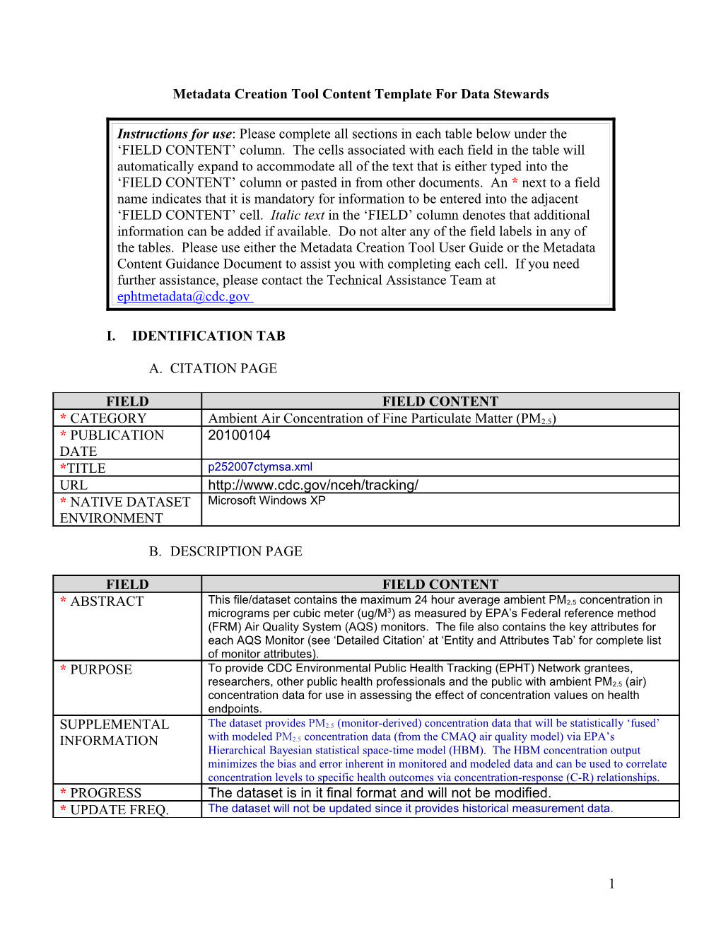 Metadata Creation Tool Content Template for Data Stewards