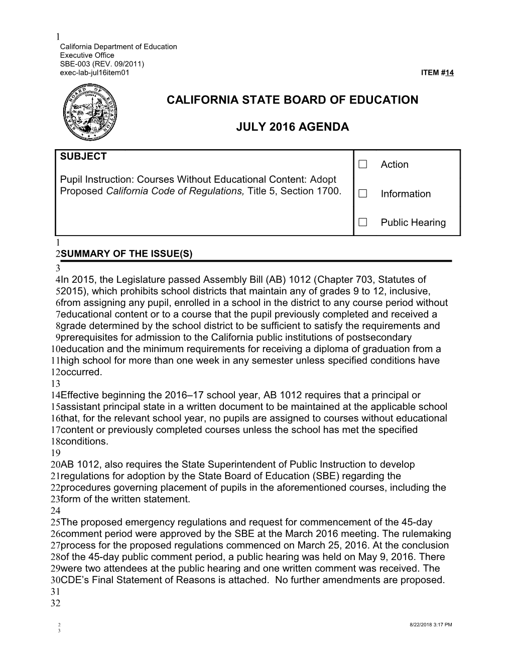 July 2016 Agenda Item 14 - Meeting Agendas (CA State Board of Education)
