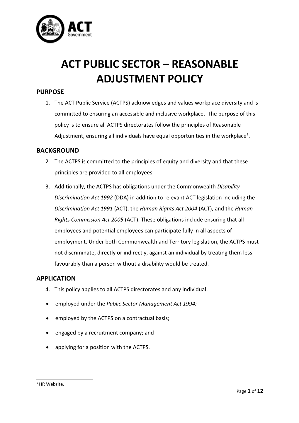 ACT Public Sector - Reasonable Adjustment Policy