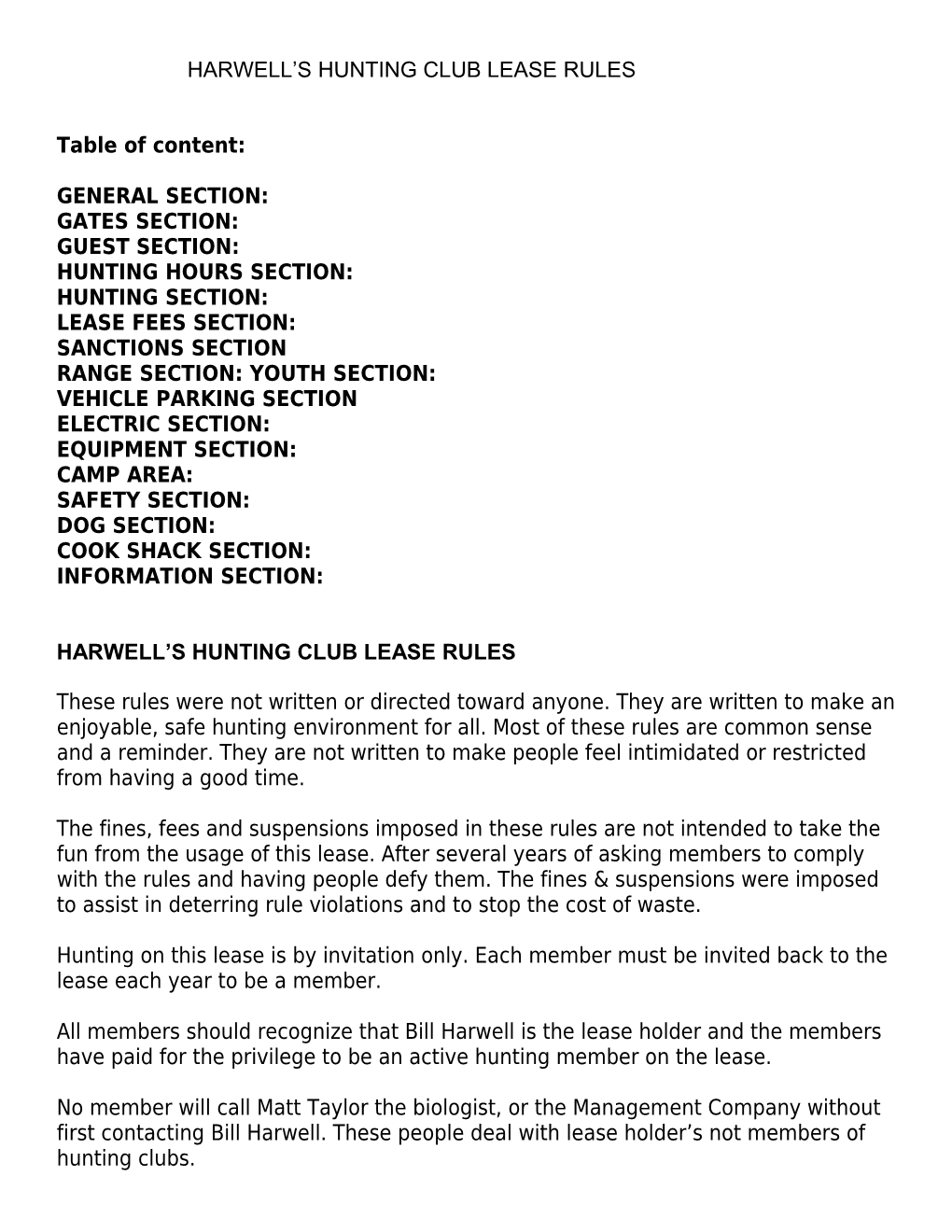 Harwell S Hunting Club Lease Rules