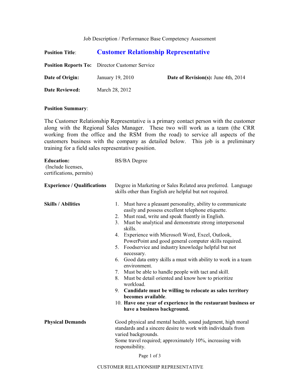 Job Description / Performance Base Competency Assessment